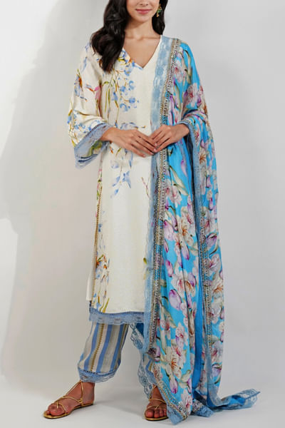 Ivory floral print kurta set