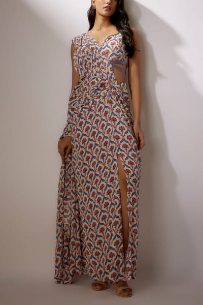 Ivory floral print pre-draped sari set