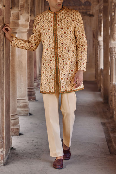 Ivory floral printed achkan set