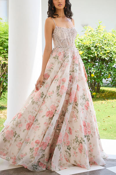 Ivory floral printed and embroidered gown