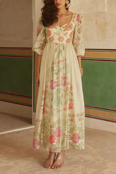 Ivory floral printed corset maxi dress