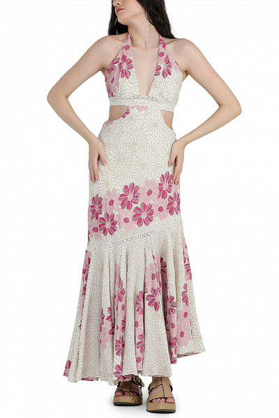 Ivory floral printed cut-out dress