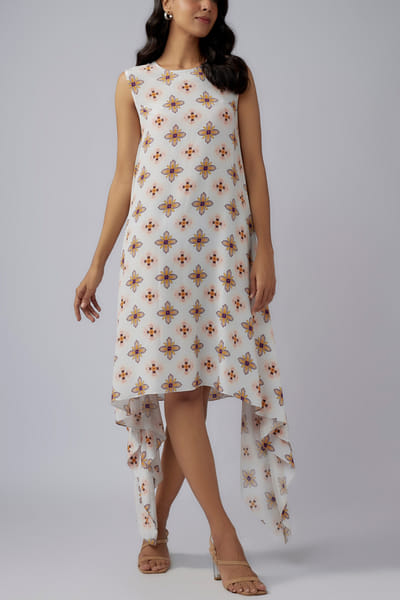 Ivory floral printed draped dress