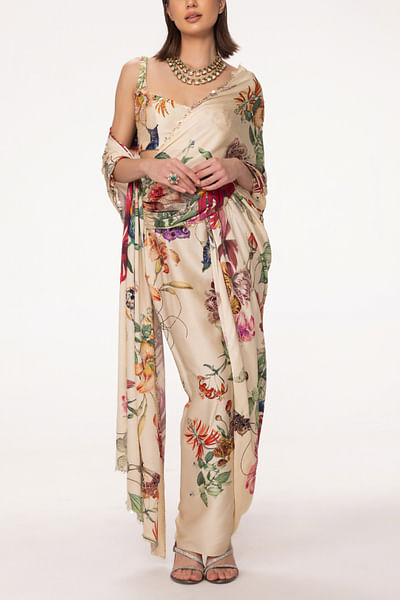 Ivory floral printed draped sari set