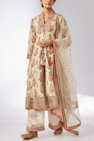 Ivory floral printed embroidered kurta set
