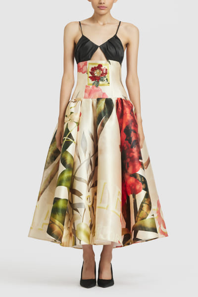 Ivory floral printed embroidered midi dress