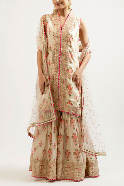 Ivory floral printed embroidered sharara set