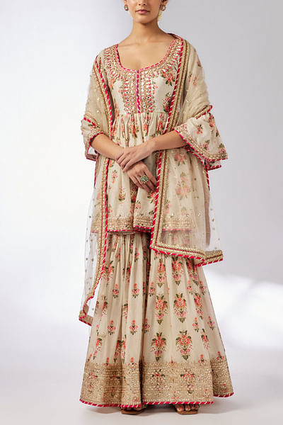 Ivory floral printed embroidered sharara set