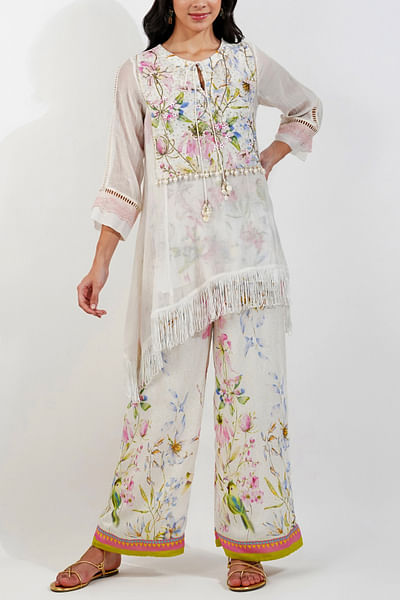 Ivory floral printed fringed kurta set
