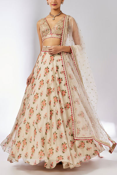 Ivory floral printed lehenga set