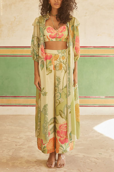 Ivory floral printed long jacket set