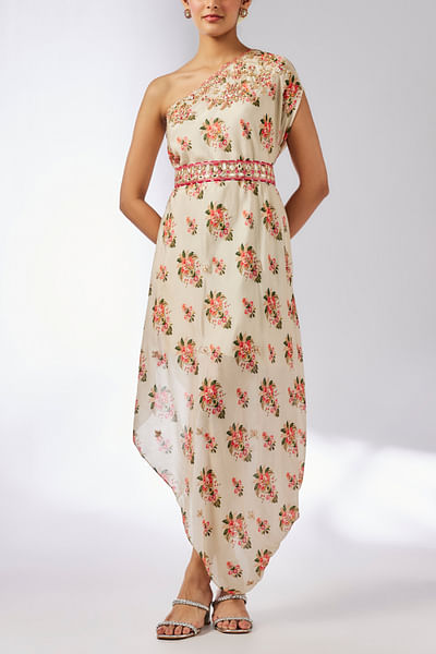 Ivory floral printed one-shoulder dress