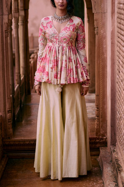 Ivory floral printed peplum and palazzo