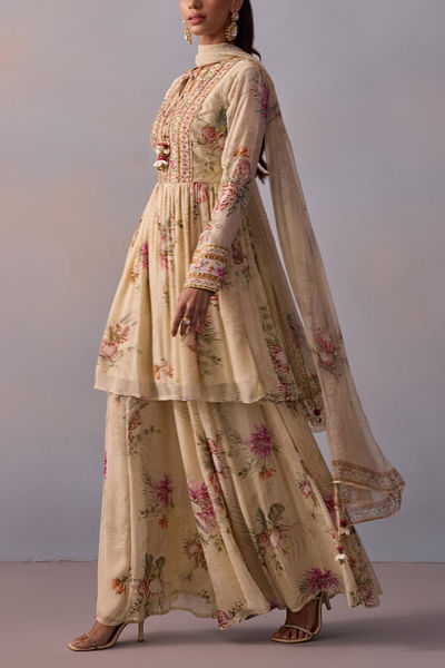 Ivory floral printed sharara set