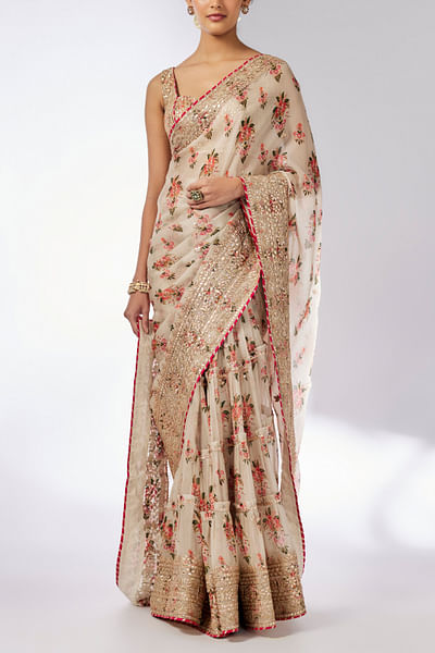 Ivory floral printed tiered pre-draped sari set