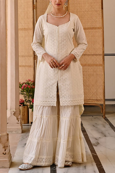 Ivory floral schiffli tiered sharara set