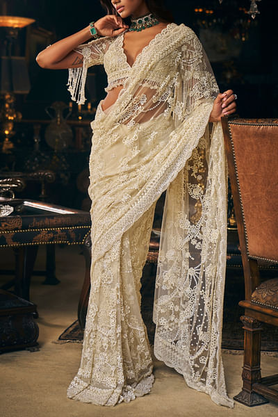 Ivory floral sequin embroidery sari set