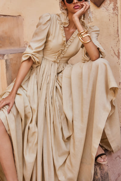 Paulmi & Harsh Ivory frill maxi dress set PNHMAY24D116