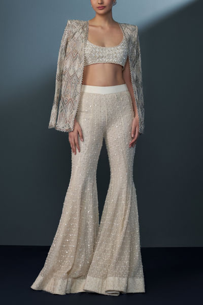 Ivory geometric embellished blazer sharara set