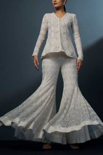 Ivory geometric embellished jacket sharara set