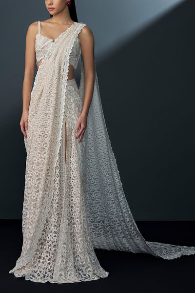 Ivory geometric embellished lehenga sari set