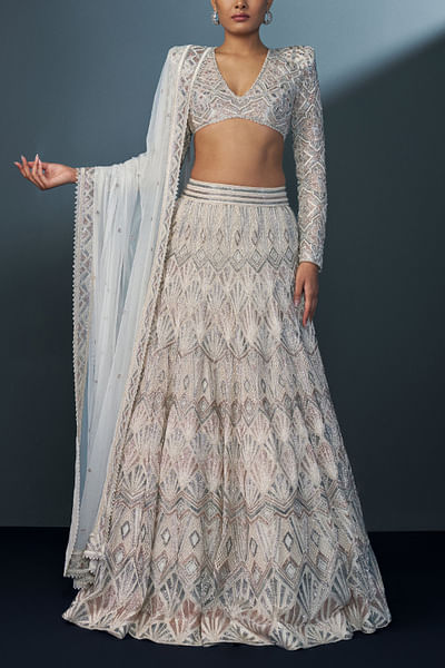 Ivory geometric embellished lehenga set