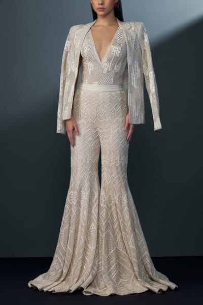 Ivory geometric embellished sharara blazer set