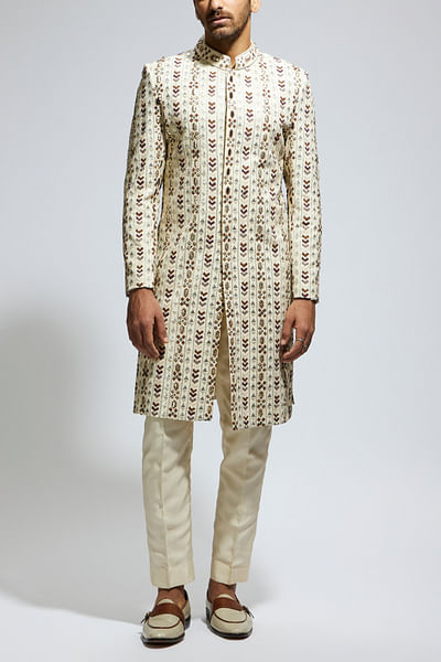 Ivory geometric embroidered sherwani set