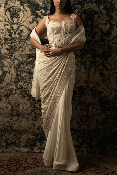 Ivory geometric sequin embroidered sari set