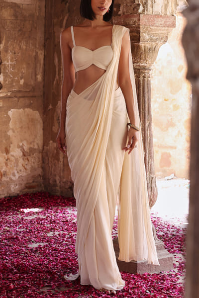 Ivory georgette pre-stitched sari set