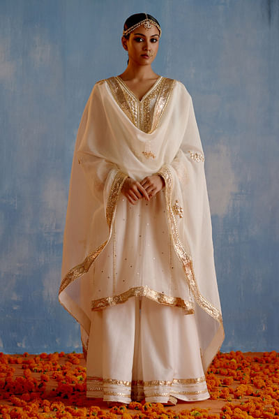Ivory gota and mukaish work kurta sharara set