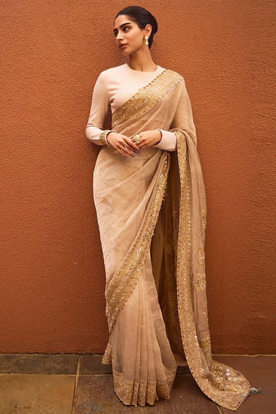 Ivory gota embroidered sari set