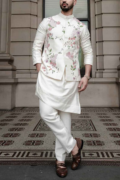 Ivory hand-painted Nehru jacket set