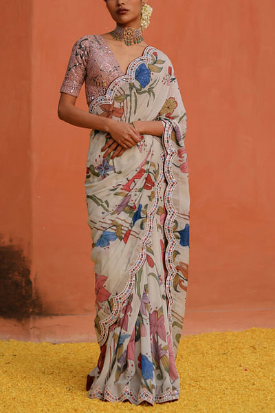 Ivory kalamkari hand painted sari set