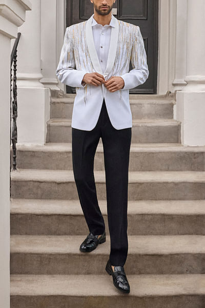 Ivory linear bead embroidered tuxedo set