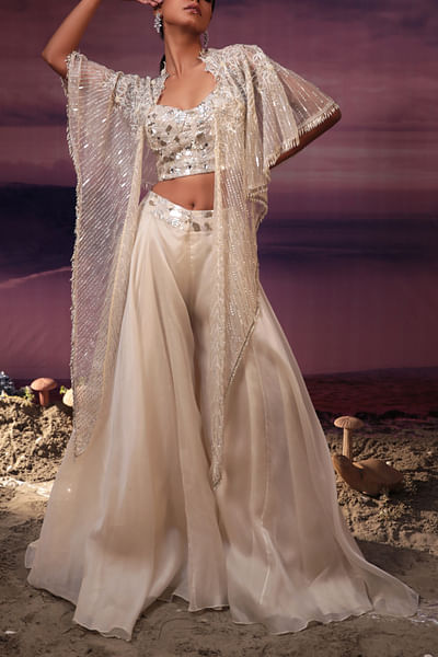 Ivory linear embroidered cape set