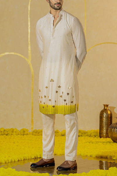 Ivory lotus motif embroidered kurta set