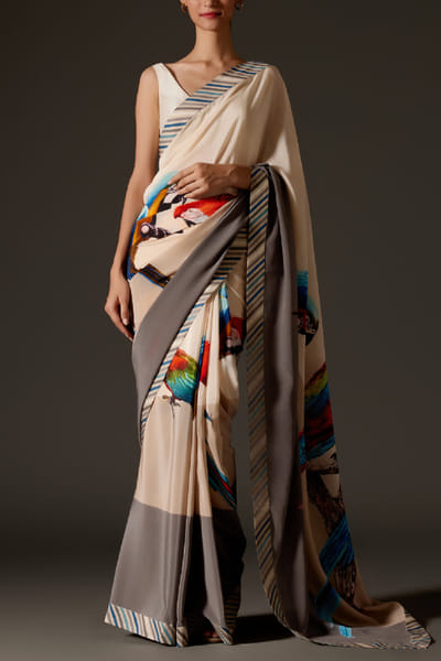 Rohit Bal Ivory macaw printed sari set ROBNOV24D201
