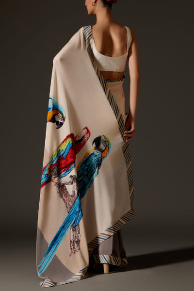 Rohit Bal Ivory macaw printed sari set ROBNOV24D201