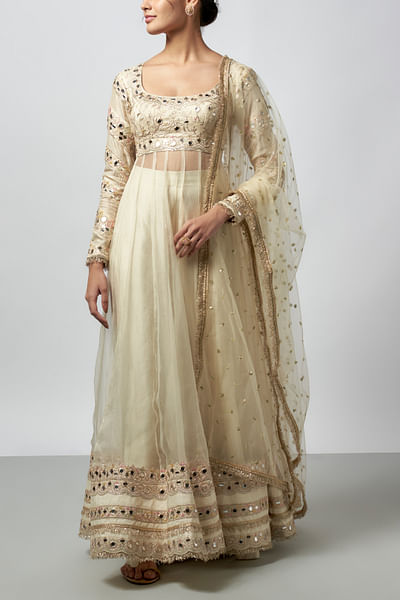 Ivory mirror embroidered anarkali set