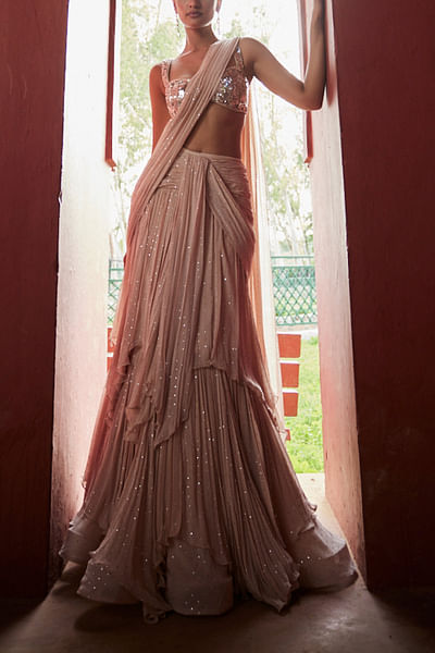 Ivory mukaish work layered pre-draped sari set