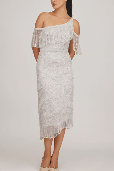 Ivory one-shoulder fringed midi dress
