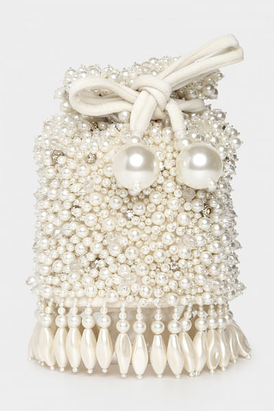 Ivory pearl and crystal bucket bag