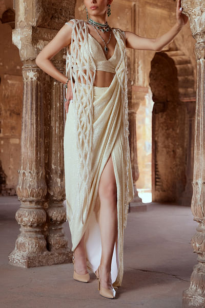 Ivory pearl and crystal conceptual jacket draped sari set