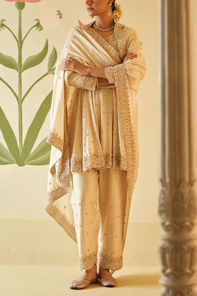 Ivory pearl and sequin embroidery anarkali set