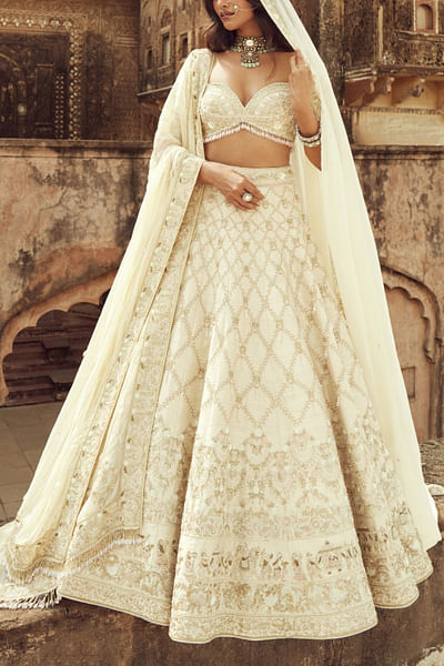 Ivory pearl and sequin embroidery lehenga set