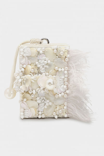 Ivory pearl and shell embellished clutch