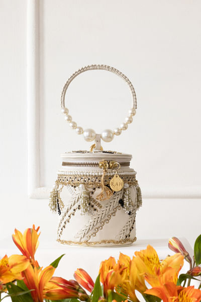 Ivory pearl embroidered bucket bag