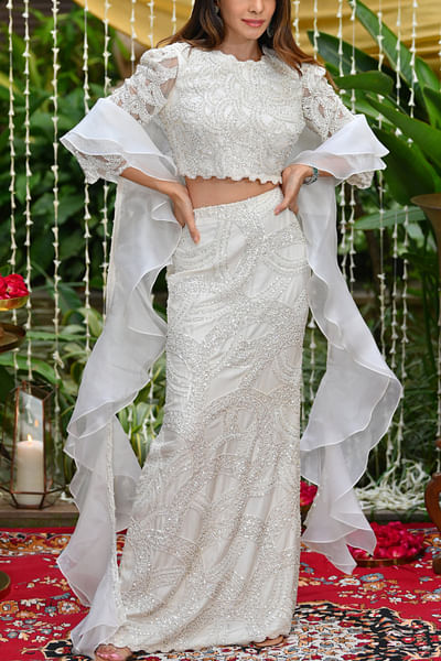 Ivory pearl embroidered skirt set