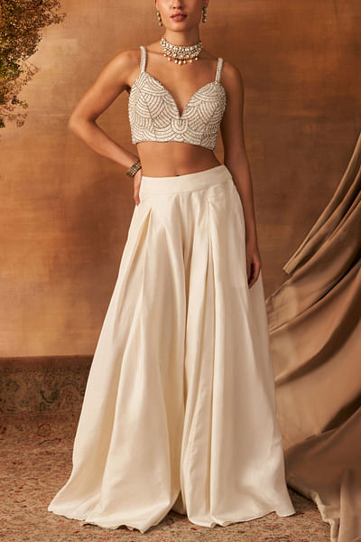 Ivory pleated and embroidered co-ords